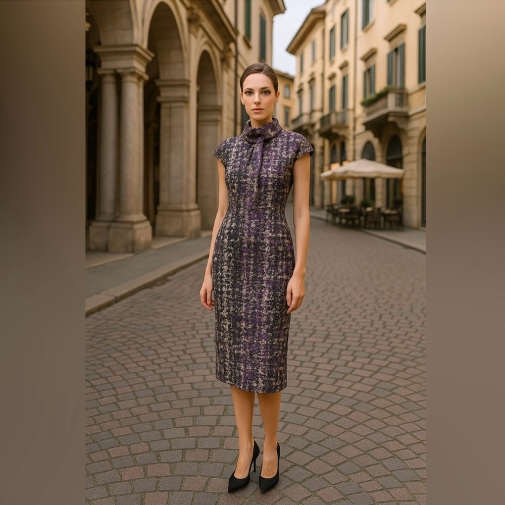 Aquilano Rimondi Italian Designer Wool Blend MIDI Dress Teal Purple Pockets S‌‌